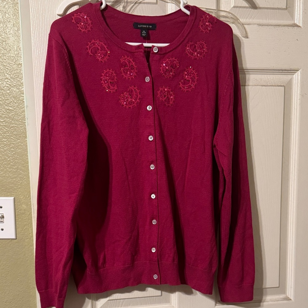 Lands' End Women's Red Embroidered Cardigan